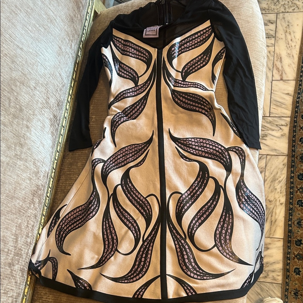 Elegant Black & Cream Patterned A-Line Dress